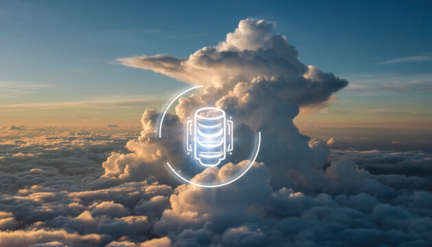 Soaring above a sea of clouds at sunset with a futuristic data storage icon symbolizing cloud technology and innovation