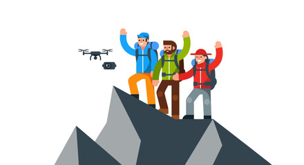 Triumphant Hikers Celebrating Their Ascent With Drone And Camera Capturing The Moment