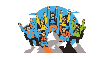 Triumphant Hikers Celebrating Their Ascent Upon a Mountain Peak After A Successful Climb
