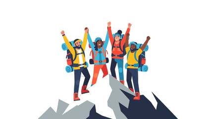 Triumphant Hikers Celebrating Their Mountaineering Accomplishment And Achieving Success