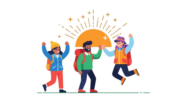 Triumphant Hikers Celebrating Their Adventure With A Sunrise Symbolism of Success