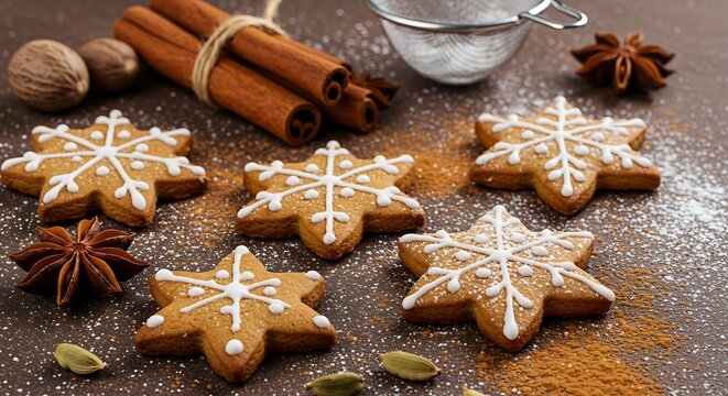 Festive Gingerbread Cookies with Cinnamon Sticks and Spices on a Table
