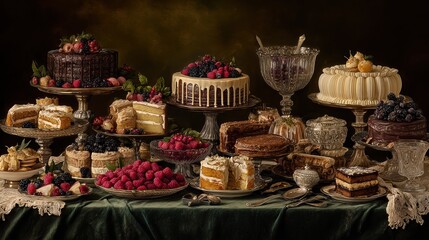 an elegant table of sweet delectable treats with a variety of cakes and pastries arranged in a feast for the eyes tempting taste buds and a symphony of flavors