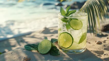 Drink with lime and mint on sandy beach
