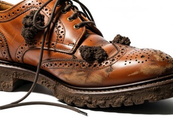 Close up of a dirty brown leather brogue shoe with mud on it, isolated on white background