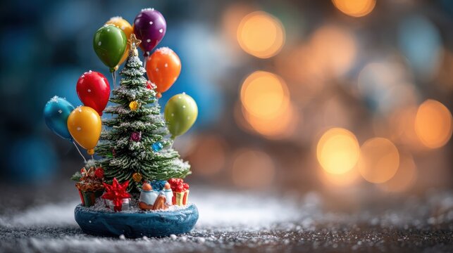 decorative blue christmas ornament featuring a miniature christmas tree surrounded by colorful balloons and festive decorations creating a whimsical holiday atmosphere with blurred lights in the back