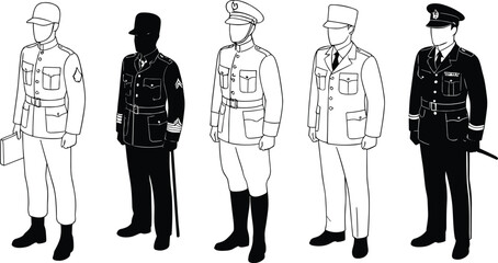 Illustration of historical military and police uniforms, vector drawing of officers in different styles and eras, vintage concept
