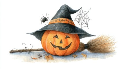 a watercolor illustration of a smiling jackolantern wearing a witchs hat with a broom spider and webs for a happy halloween greeting