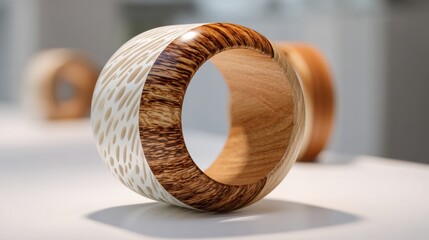 A beautifully crafted wooden bangle is displayed on a counter at a craft fair. The bangle features a unique pattern and grain, highlighting skilled artistry and craftsmanship.