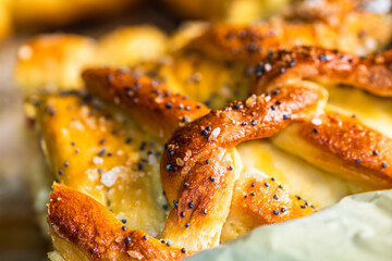 Close up photo with selective focus on details of salt and poppy seeds over a braided puff pastry.