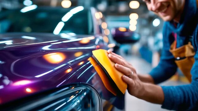 Professional wrapper's hands using rubber squeegee smoothing glossy colored vinyl wrap onto car door panel air bubbles being removed partially wrapped vehicle visible workshop