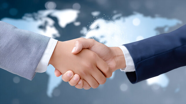 Two business professionals, one in a gray suit and the other in a dark suit, are shaking hands in front of a blurred world map, symbolizing partnership and global collaboration