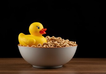 A highly strange and colorful visual: a bright yellow rubber duck partially submerged in a bowl filled entirely with dry breakfast cereal, defying gravity ,toy ,absurd ,plastic