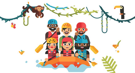 Obraz premium Thrilling Whitewater Rafting Adventure in the Jungle with Cheerful Explorers
