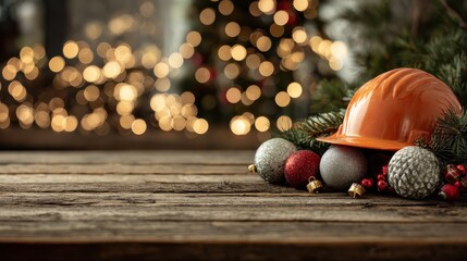 Fototapeta na wymiar orange construction helmet and christmas ornaments decorating a wooden table with a pine tree celebrating the holiday season amidst a bokeh of festive lights banner copy space
