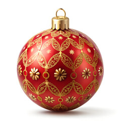 A red ball with golden pattern as a decoration Christmas tree on white backgtound. Realistic photo