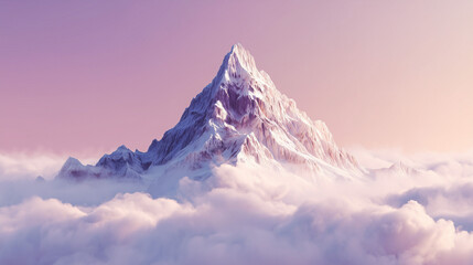 Snowy mountain peak above clouds at sunrise.