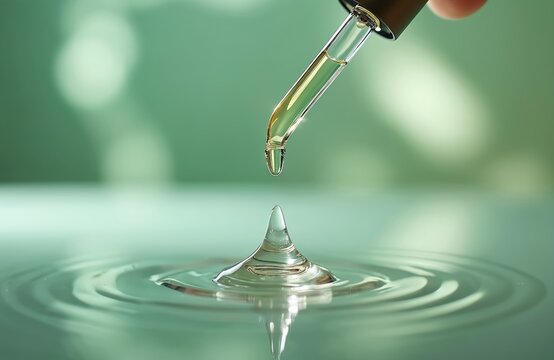 Serum flows from glass pipette onto surface. Drop creates crown on water. Liquid cosmetic skincare product is tested in scientific lab for beauty treatment. Green background. - Powered by Adobe