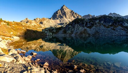 Serene mountain lake reflecting a jagged peak and rocky shoreline under a clear blue sky during early morning light