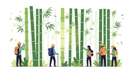Tourists Discovering Lush Bamboo Forest and Experiencing Nature's Verdant Splendor