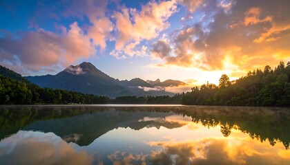 Fototapeta premium Serene mountain lake reflects a vibrant sunrise sky with billowing clouds and lush green trees along the shore