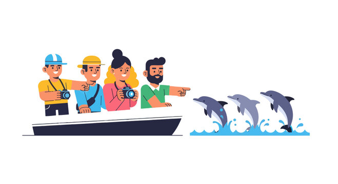 Tourists Witnessing Dolphins Dancing in the Ocean, Delight and Wonder