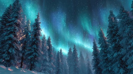 snowy fir forests on winter mountains with dazzling aurora borealis in clear night sky festive christmas scene
