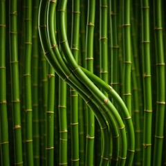 A hypnotic pattern of vibrant green bamboo stalks forming a flowing, rhythmic, undulating wave structure. Nature background design ,cane ,surface ,texture