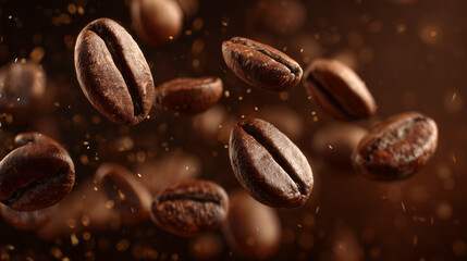 Falling roasted coffee beans on brown background.