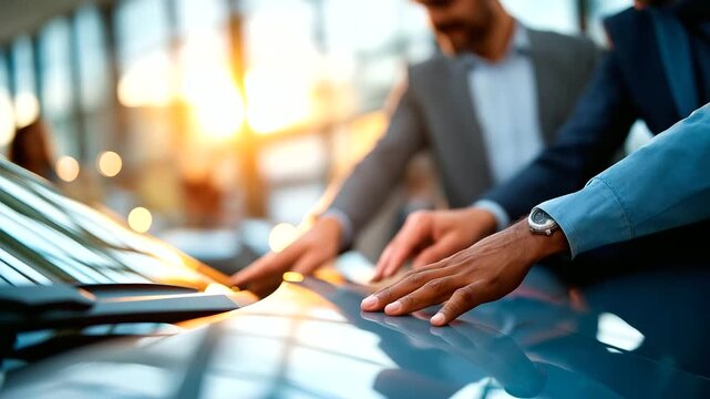 Family members' hands of different ages touching and examining new car hood in showroom price sticker visible on window other vehicles and dealership staff defocused behind