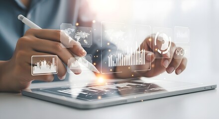 Business process and workflow management concept with icons representing analytics, documents, checklist, and target, with a person using a smartphone