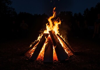 A large outdoor bonfire burns brightly against the darkening sky, providing warmth and a captivating glow for an evening gathering ,relaxing ,rustic ,camping