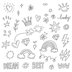 Set of hand-drawn doodle elements including hearts, stars, lines, sparkles, and smiley faces. Perfect for social media, notes, and scrapbooking