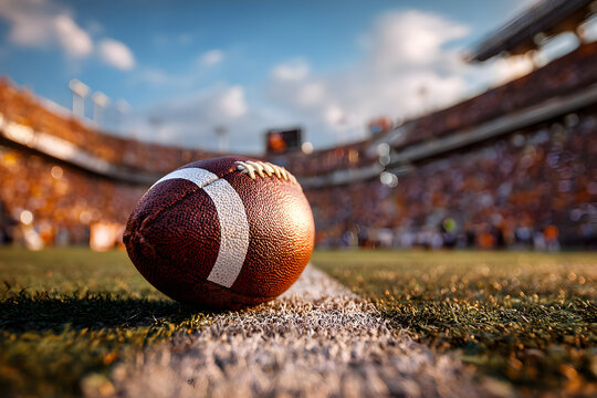 Close-up of football on centerline in vibrant stadium setting for sports enthusiasts