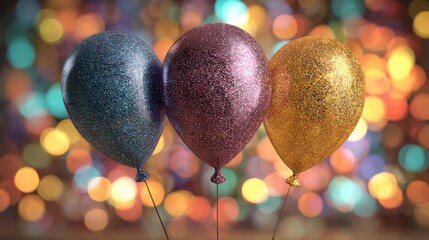 three glittery balloons against a backdrop of festive lights  perfect for cards invitations and holiday decorations