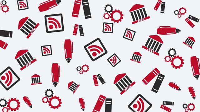 Seamless Pattern of RSS Feed, Communication Icons in Digital Graphic Design with Red and Black on White Background