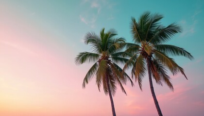 Obraz premium Green coconut palm trees stand against colorful twilight sky. Tropical background with beautiful pink, blue pastel sunset gradient. Serene summer vacation view from below on exotic island. Calm