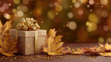 golden thanksgiving glow thanksgiving celebration with glitter gift box surrounded by autumn leaves fall background banner holiday season decor