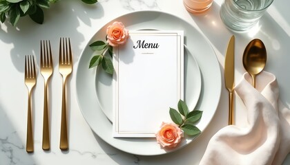 Elegant table setting features blank menu with roses. Place setting decorates marble table with golden cutlery. Romantic dinner event design element with floral decor. Modern catering, wedding