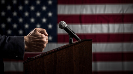 Political speech usa american flag background podium microphone speaker debate election campaign event