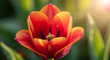 Close up of a vibrant red tulip with dew drops in the morning sun.