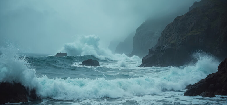 Powerful ocean waves crash against rocky cliffs during a storm. Sea water surges creating white foam, the dark rock formations against the cloudy sky. Intense natural forces at play. - Powered by Adobe