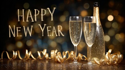 Sophisticated Happy New Year golden text with two champagne flutes filled with bubbly sparkling wine, champagne bottle, and curled golden ribbon on dark background with golden bokeh lights.