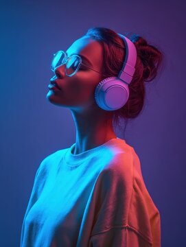 hipster igen teen pretty fashion girl model wear stylish glasses headphones enjoy listen new cool music mix stand at purple studio background in trendy 80s 90s club blue party light profile view no l