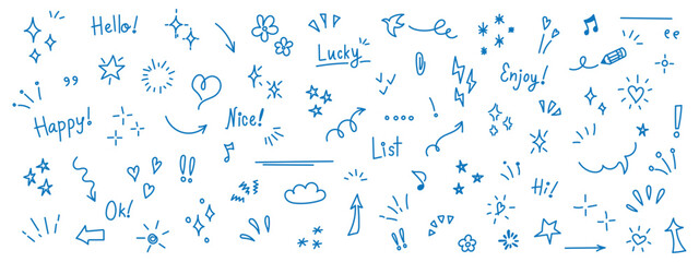 Line arrow, star, heart cute icon elements. Hand drawn sketch heart, arrow, star, flower decoration symbols. Simple sketch line style emphasis, attention, graphic elements. Vector illustration © ISHWARAN