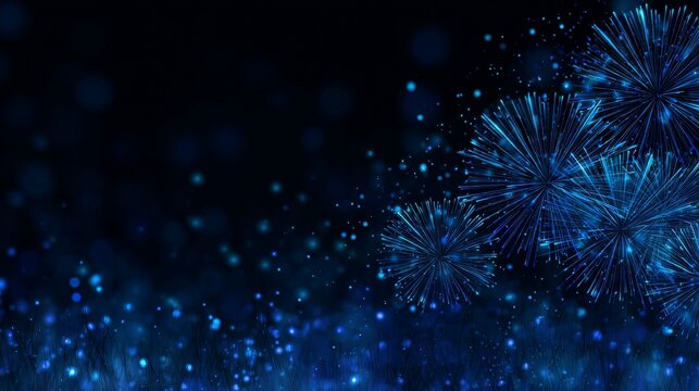 Spectacular blue fireworks exploding with multiple starbursts and sparkling lights on dark navy blue night sky with bokeh particles and copy space, festive celebration.