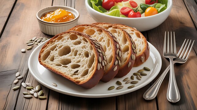 Savor artisan sourdough bread slices adorned with pumpkin seeds alongside fresh salad and vibrant jam, perfect for a healthy meal.