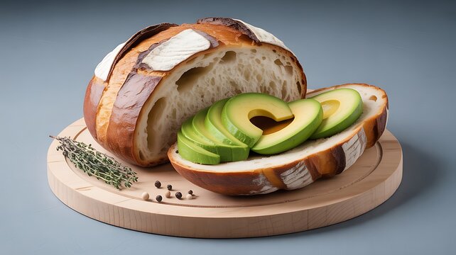 Freshly baked artisanal bread topped with vibrant avocado slices, a delightful culinary creation for healthy eating inspiration and gourmet food presentations.
