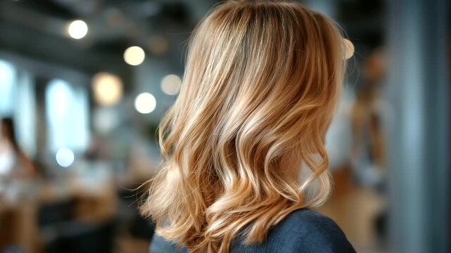 Close up back view of head displaying freshly applied blonde highlights and lowlights color gradation visible salon interior with styling chairs defocused behind professional