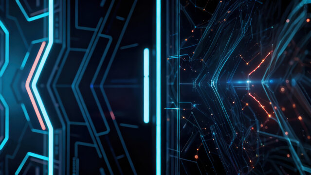 Futuristic digital landscape showcasing vibrant neon lines and intricate patterns in a high-tech environment during a night scene